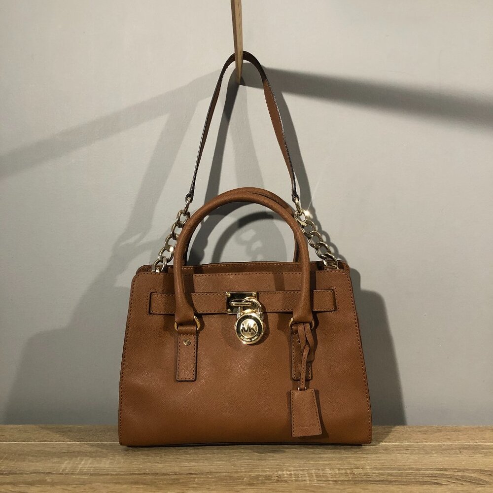 Michael Kors Brown Leather Gold-Tone Logo Strap Chains Satchel Shoulder Bag